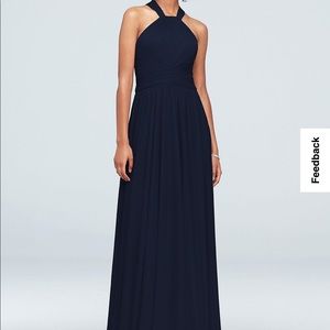 Marine Blue High-Neck Mesh Bridesmaid Dress with Full Skirt